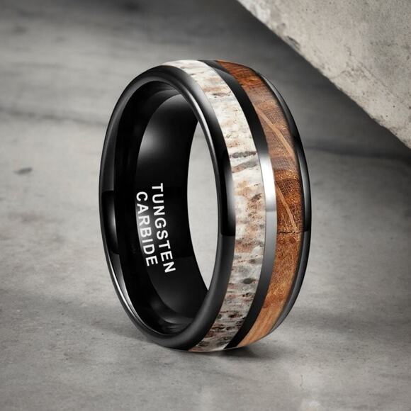 NEW 8mm whiskey wood and deer antler men's wedding band ring jewelry 11.5 B22A - Picture 1 of 10